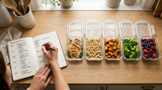 Clean eating weekly meal plan ingredients with fresh vegetables fruits and whole grains on kitchen counter