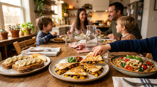 High-protein meatless meals for kids with eggs beans and yogurt on kitchen counter