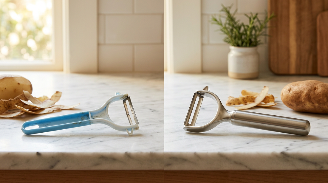 Side-by-side comparison of cheap low-quality kitchen gadget next to a well-made durable version on marble counter