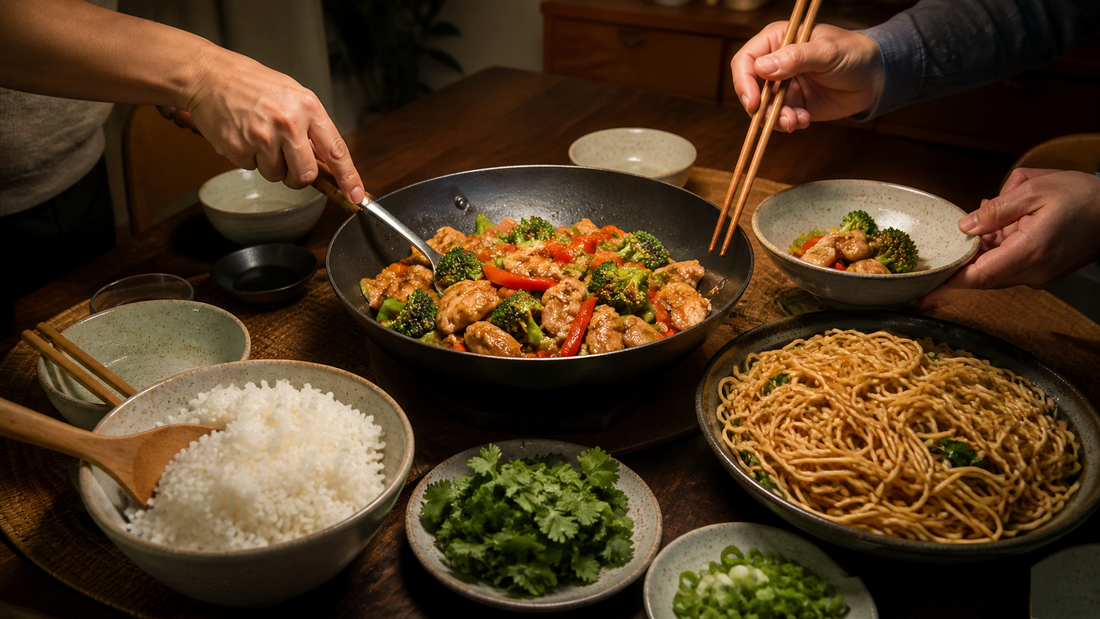 Asian family dinner spread with stir-fry rice noodles and fresh herbs on table