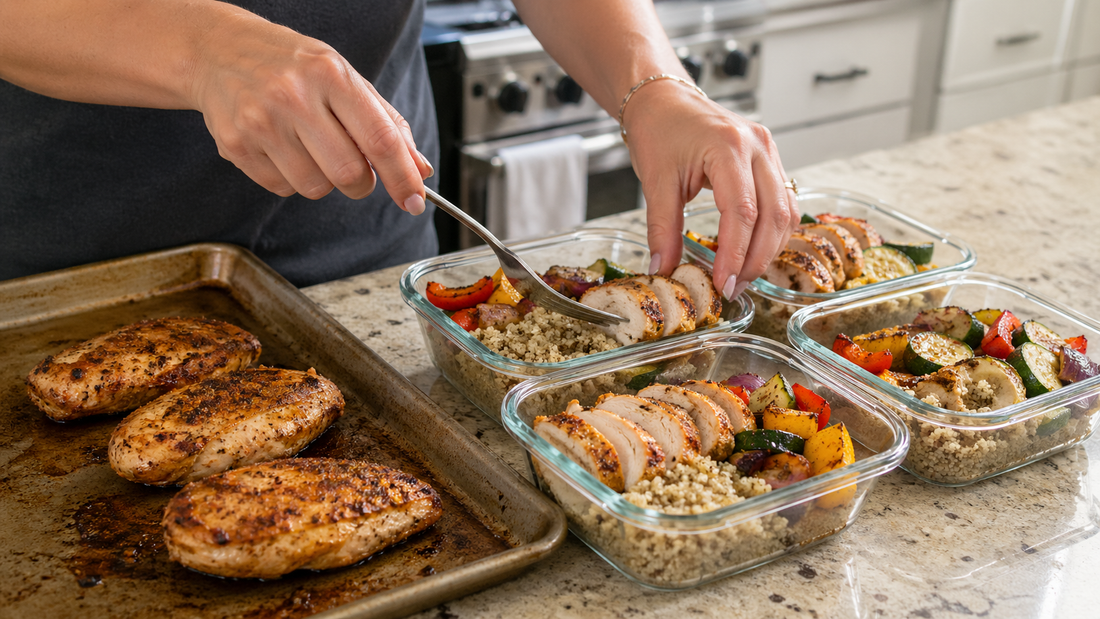 Sheet pan of baked chicken breasts with meal prep bowls assembled for the week