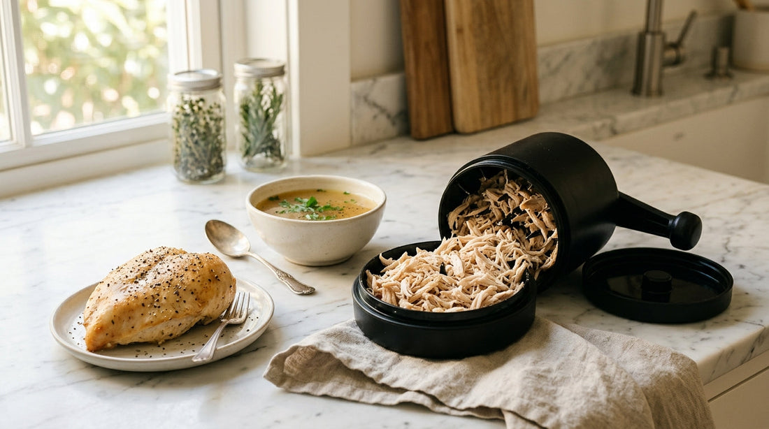 Chicken shredder tool review with shredded chicken on kitchen counter