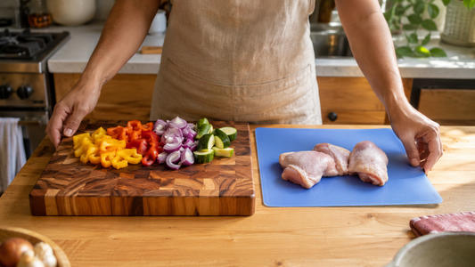Wood and plastic cutting boards with prepped vegetables on a kitchen counter
