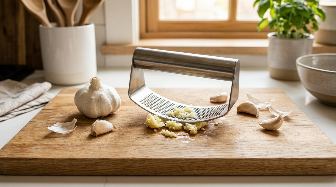 best garlic press rocker crushing fresh garlic cloves on cutting board