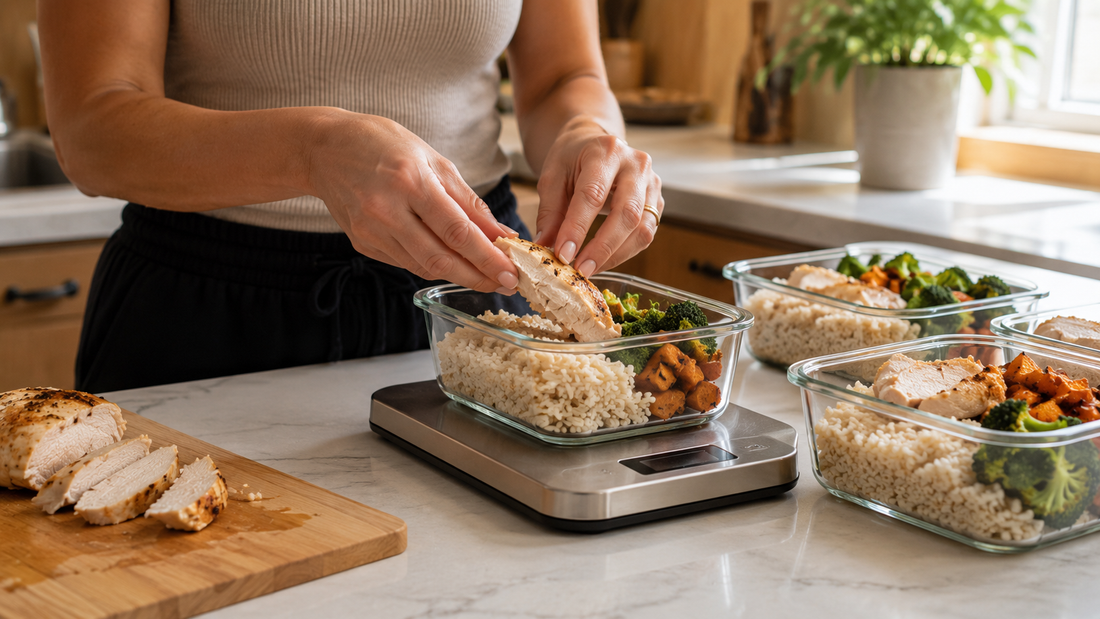 Digital kitchen scale weighing portioned chicken on a meal prep counter