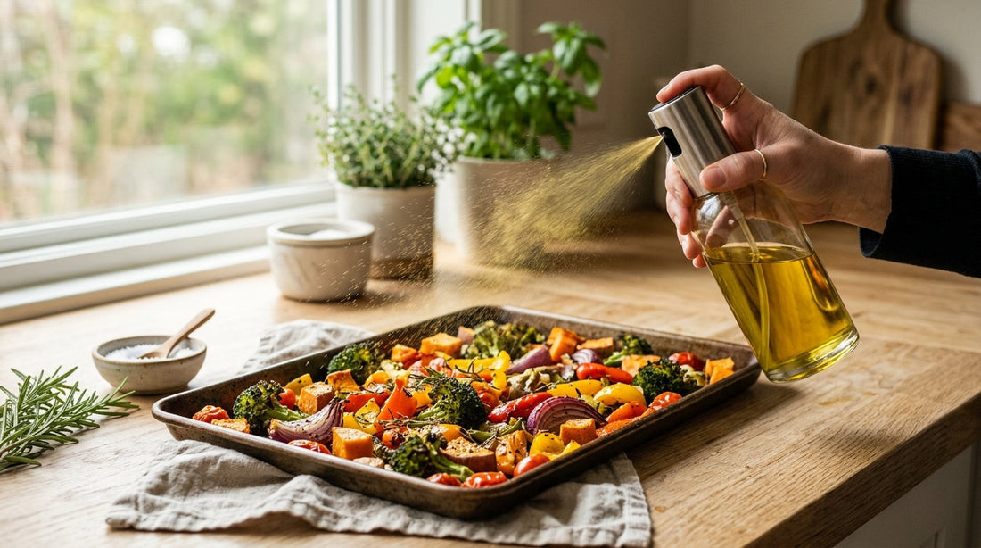 Glass olive oil sprayer misting a sheet pan of roasted vegetables in a warm kitchen