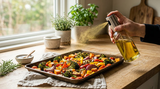 Glass olive oil sprayer misting a sheet pan of roasted vegetables in a warm kitchen
