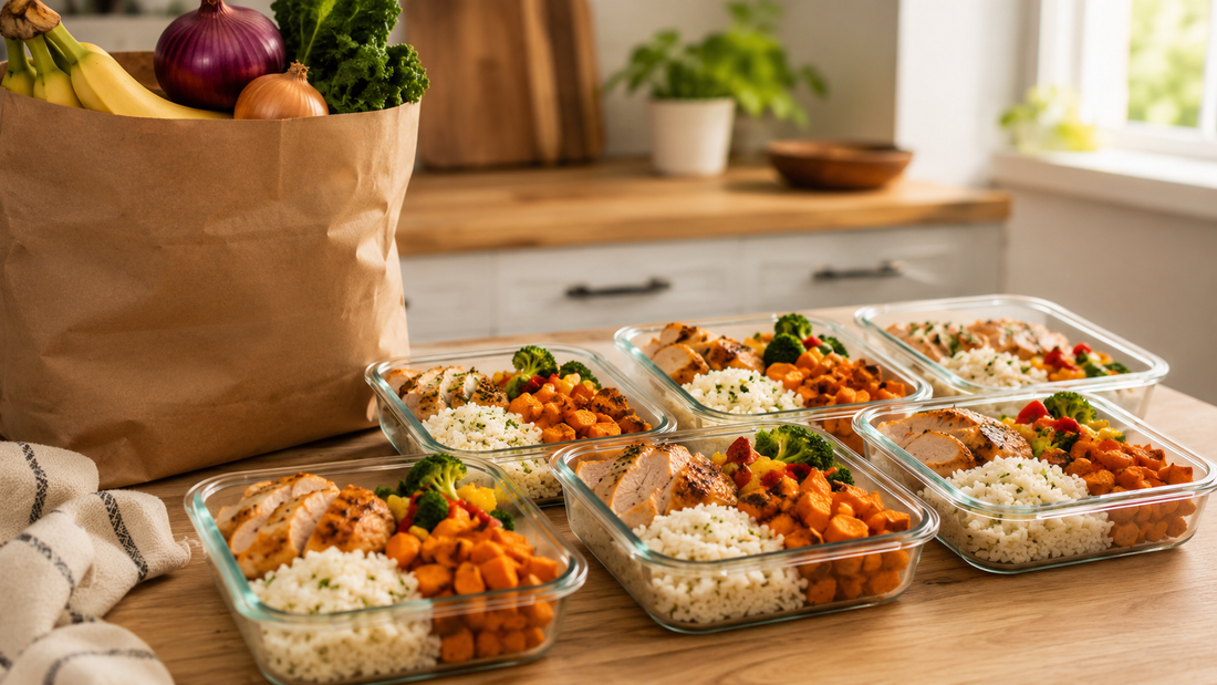 meal prep containers with rice chicken and vegetables beside grocery receipt