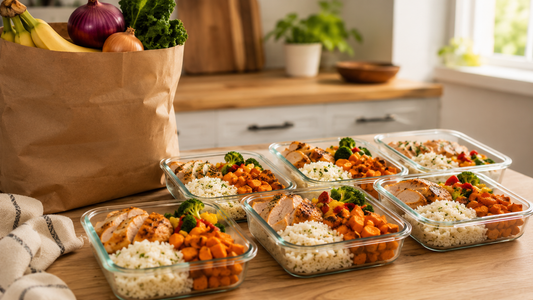 meal prep containers with rice chicken and vegetables beside grocery receipt