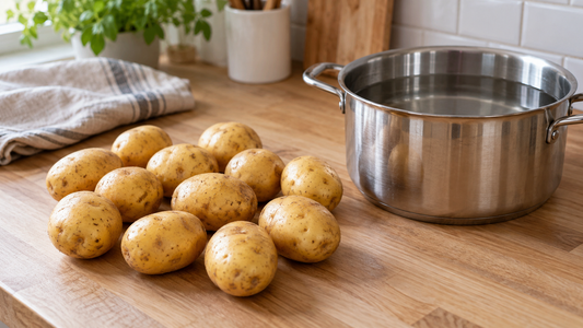 Small whole potatoes on a kitchen counter, ready to blanch before freezing