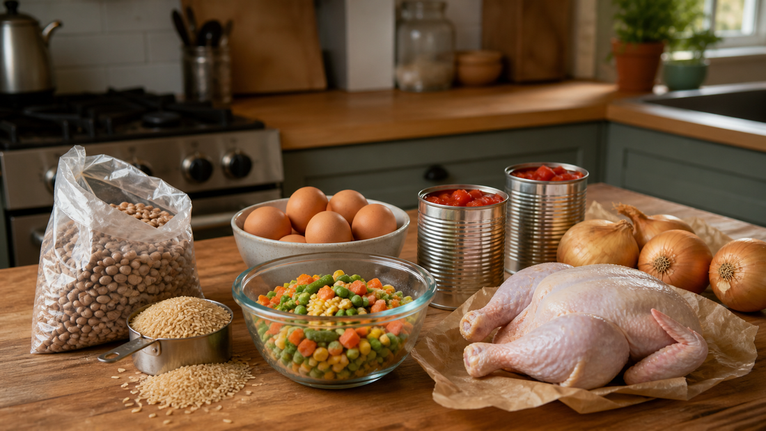 Budget family dinner ingredients on counter — beans, rice, eggs, frozen vegetables