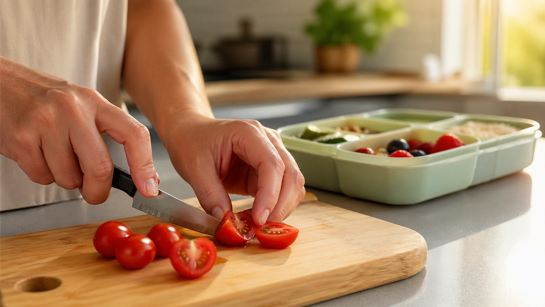 Hands quartering cherry tomatoes for toddler safety on cutting board