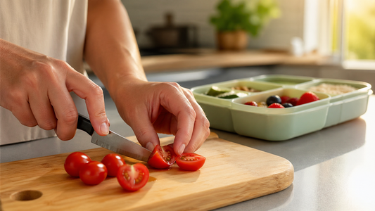 Hands quartering cherry tomatoes for toddler safety on cutting board