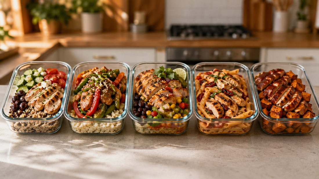 Five glass meal prep containers with different chicken meals lined up for full week