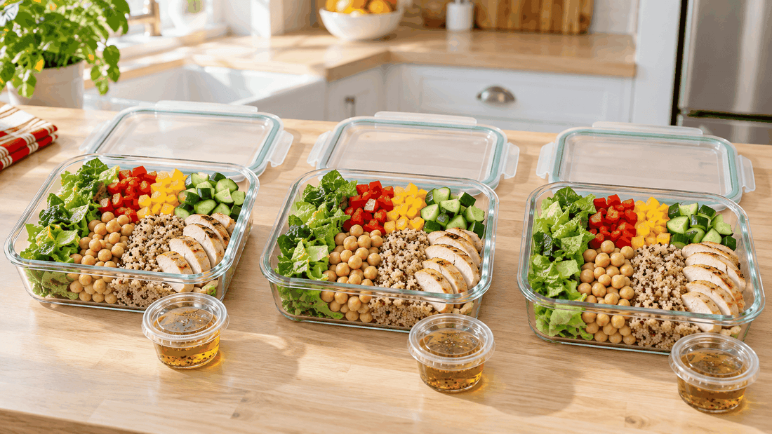 Three chopped salad meal prep bowls with dressing on the side