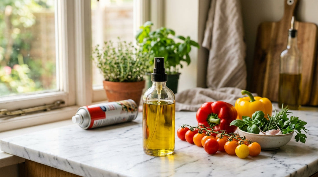 Glass oil sprayer next to fresh vegetables showing a healthy cooking spray alternative