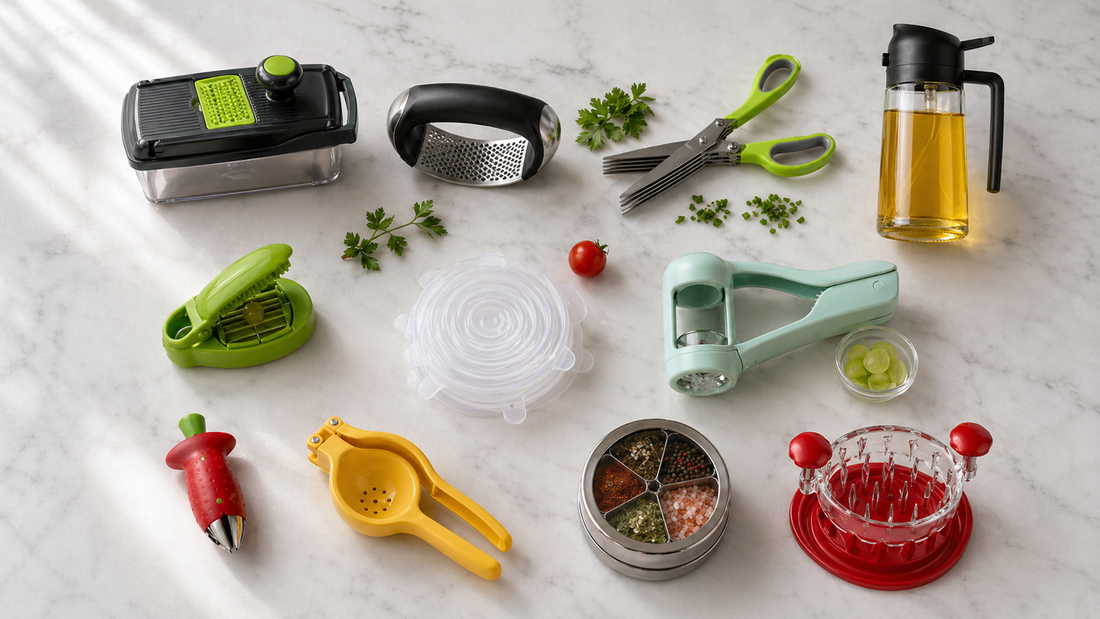 Twelve cool kitchen gadgets under twenty dollars arranged on counter