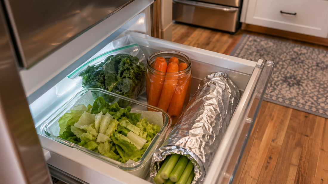 Organized fridge crisper drawer with lettuce kale spinach and carrots in proper storage containers