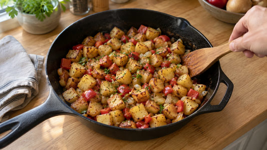 Cast-iron skillet of diced breakfast potatoes with red bell pepper and onion