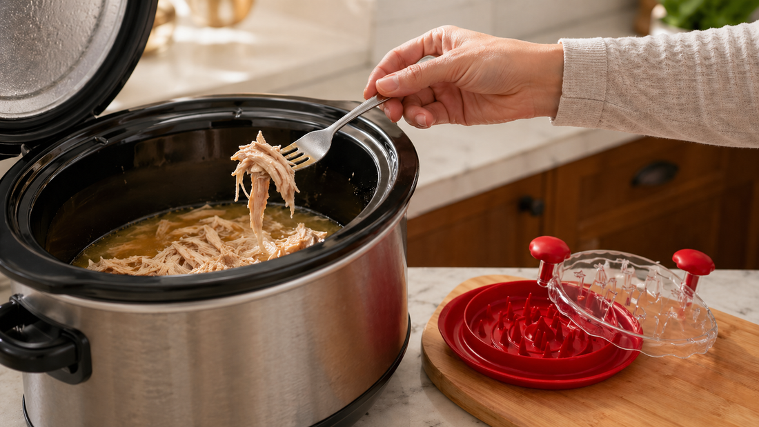 Crockpot of shredded chicken with chicken shredder tool ready for meal prep batch