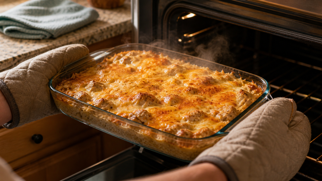 Hands lifting bubbling cheesy chicken casserole out of oven in glass baking dish