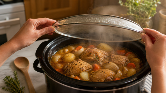 Hands lifting crockpot lid to reveal chicken stew with carrots and potatoes