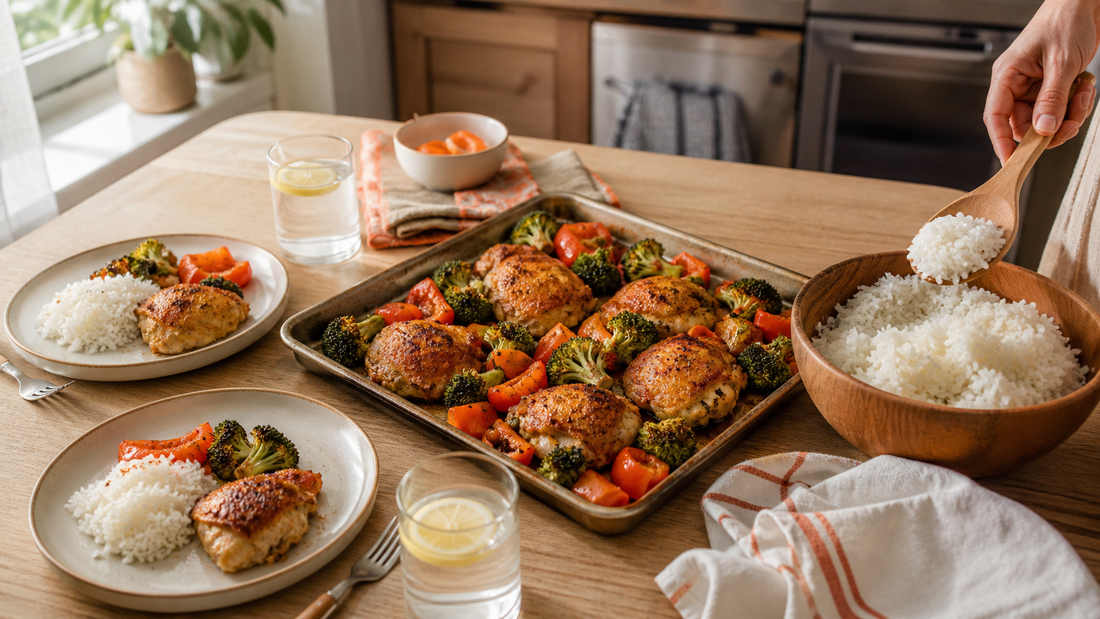 Family weeknight dinner table with sheet pan chicken vegetables and rice