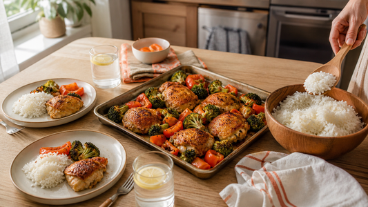 Family weeknight dinner table with sheet pan chicken vegetables and rice