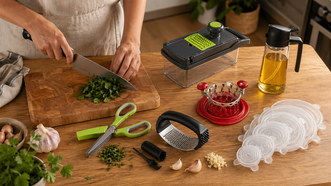 Essential kitchen tools organized on wooden countertop with chef knife cutting board chopper and herb scissors