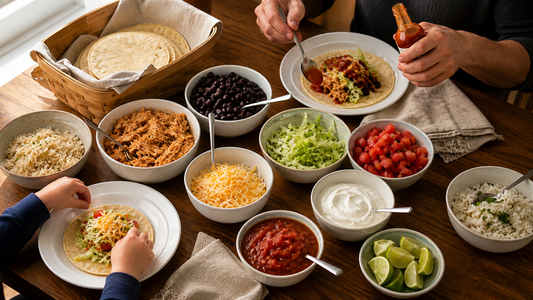 Family dinner table with taco bar and rice bowls for kids and adults