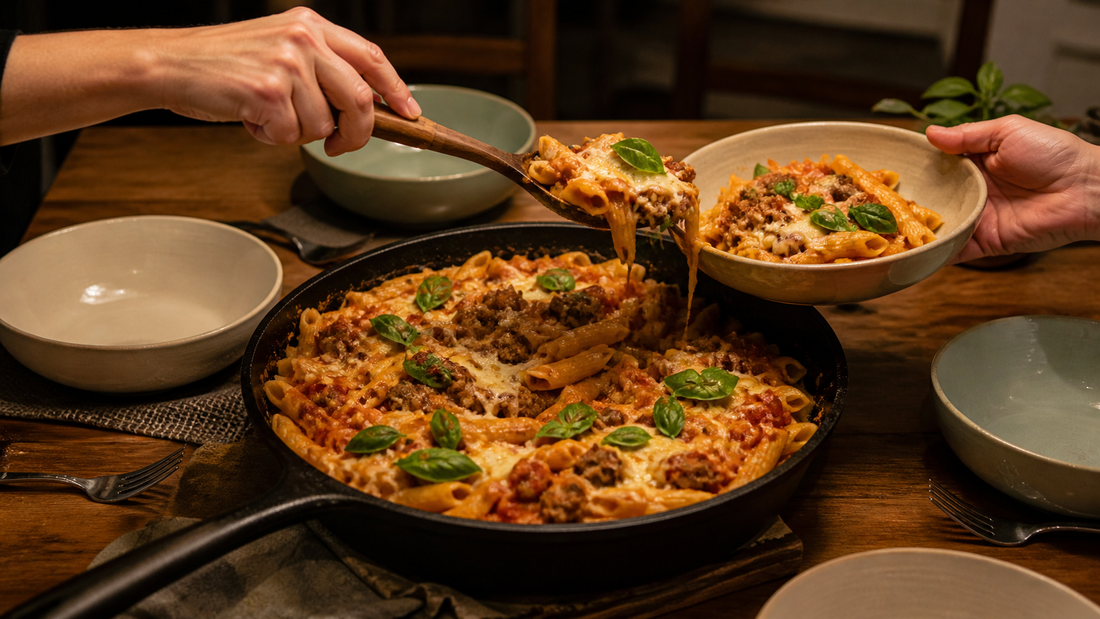 family-pasta-dinner-table-skillet