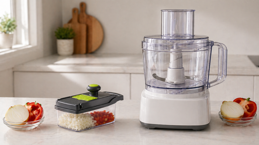 Food chopper vs food processor side by side comparison on kitchen counter