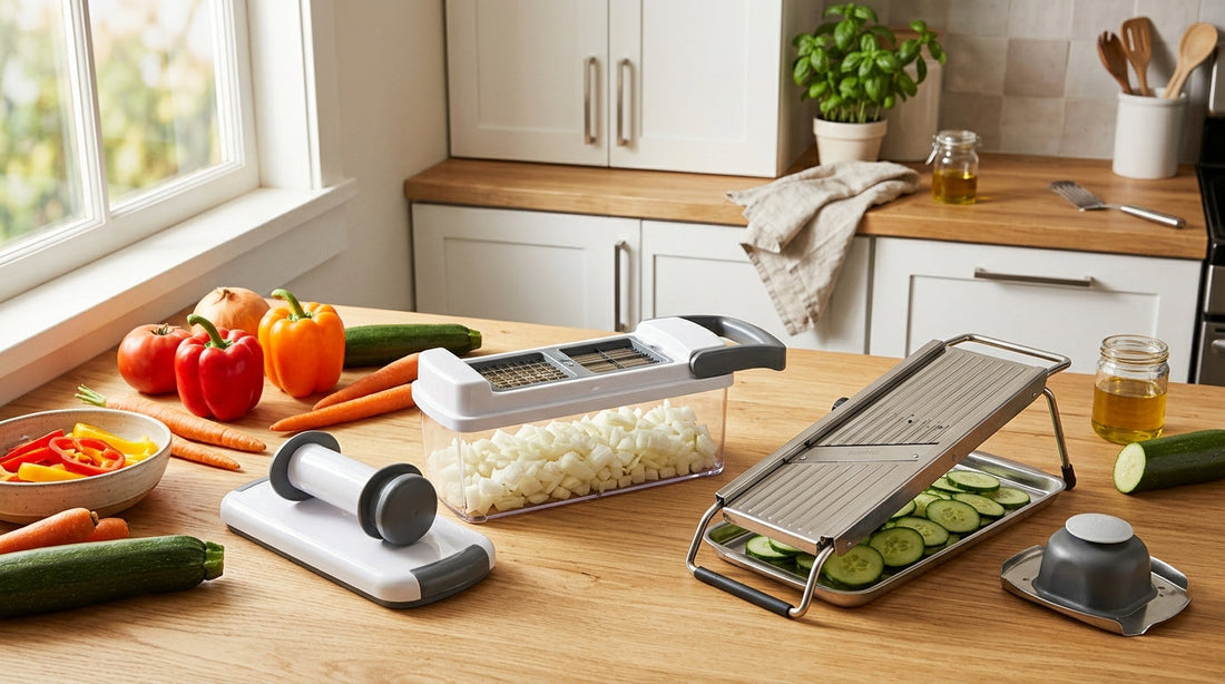 Food chopper and mandoline slicer side by side on kitchen counter with sliced vegetables