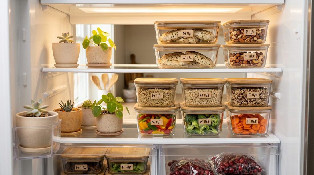 Organized fridge with labeled glass containers of meal prep food on shelves