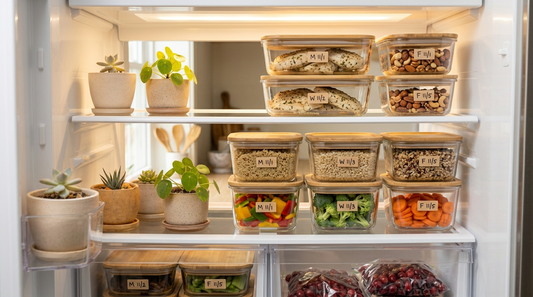Organized fridge with labeled glass containers of meal prep food on shelves
