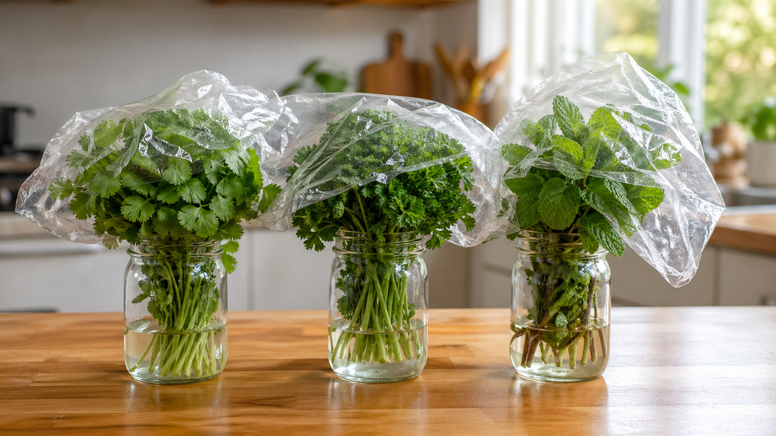 Fresh cilantro parsley mint basil stored in mason jars with water for fridge storage