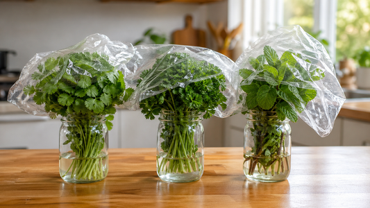 Fresh cilantro parsley mint basil stored in mason jars with water for fridge storage