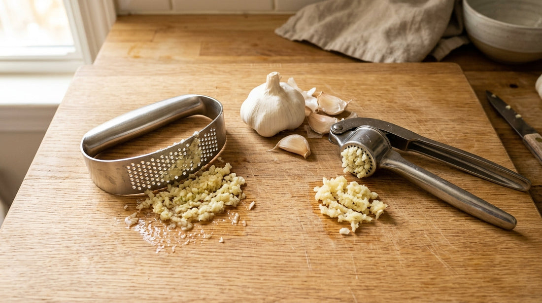 garlic rocker vs traditional squeeze press side by side comparison on cutting board