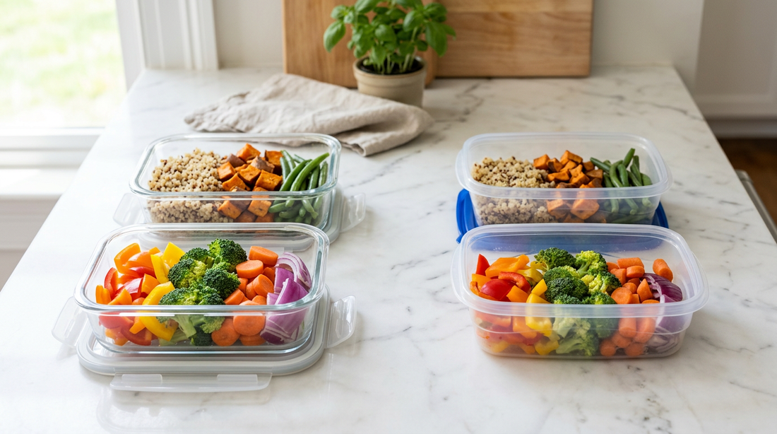 Glass meal prep container next to plastic container side by side showing clear comparison on kitchen counter