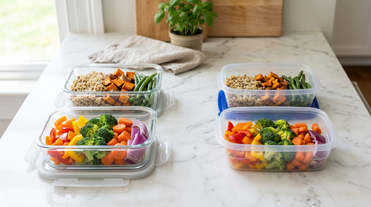 Glass meal prep container next to plastic container side by side showing clear comparison on kitchen counter
