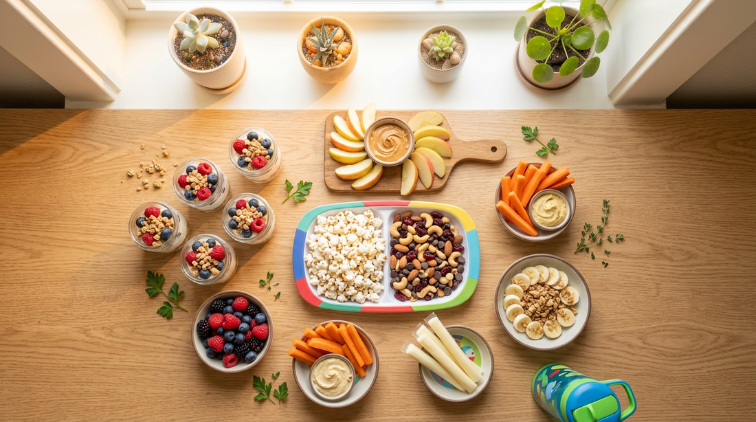 Colorful healthy snacks for kids including fruit yogurt crackers and vegetables on kitchen counter