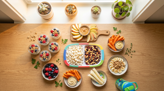 Colorful healthy snacks for kids including fruit yogurt crackers and vegetables on kitchen counter