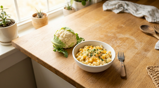 Bowl of mac and cheese with hidden cauliflower on kitchen counter for kids meal prep