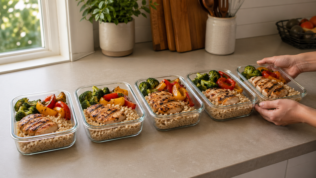 Five glass containers of high protein meal prep with chicken vegetables and rice on counter