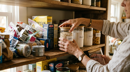 Hands organizing pantry shelves step by step — removing items then placing labeled containers in order
