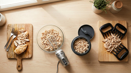 Four chicken shredding methods compared side by side on kitchen counter