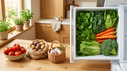 Colorful fresh vegetables organized in fridge crisper drawers and on kitchen counter