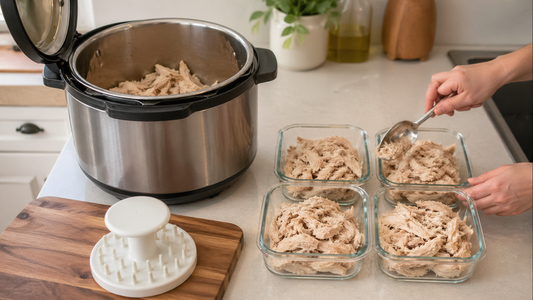 Instant pot full of shredded chicken with meal prep containers ready for the week