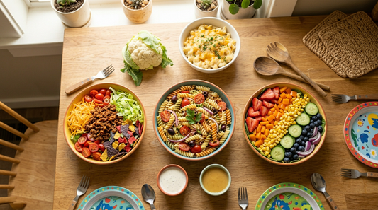Colorful kid-friendly salads with taco salad and pasta salad on family dinner table