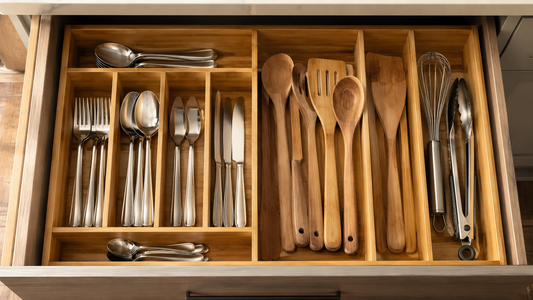 Organized kitchen drawer with utensils sorted in bamboo dividers